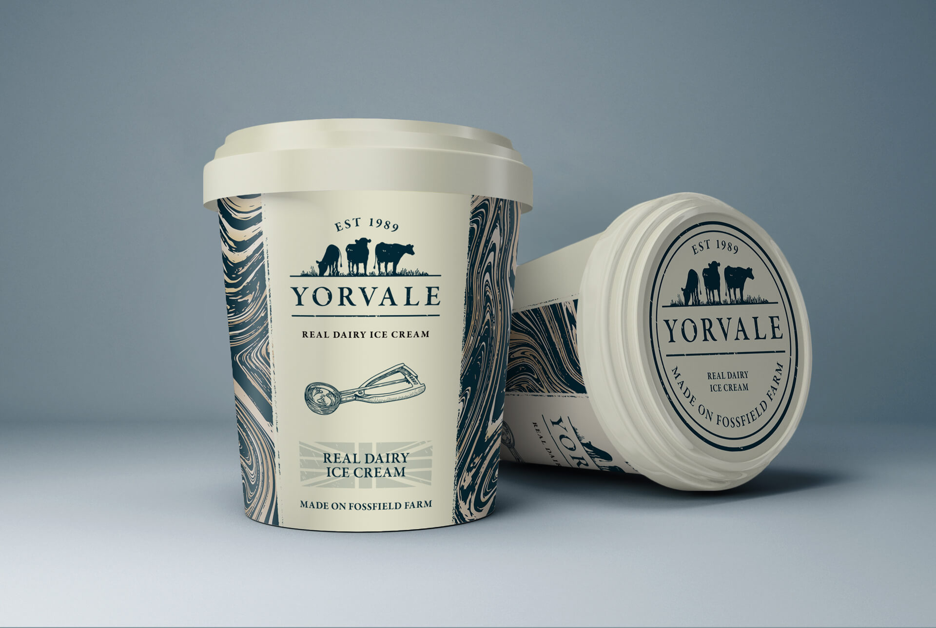 Real dairy ice cream in the official Yorvale packaging with marbling design.