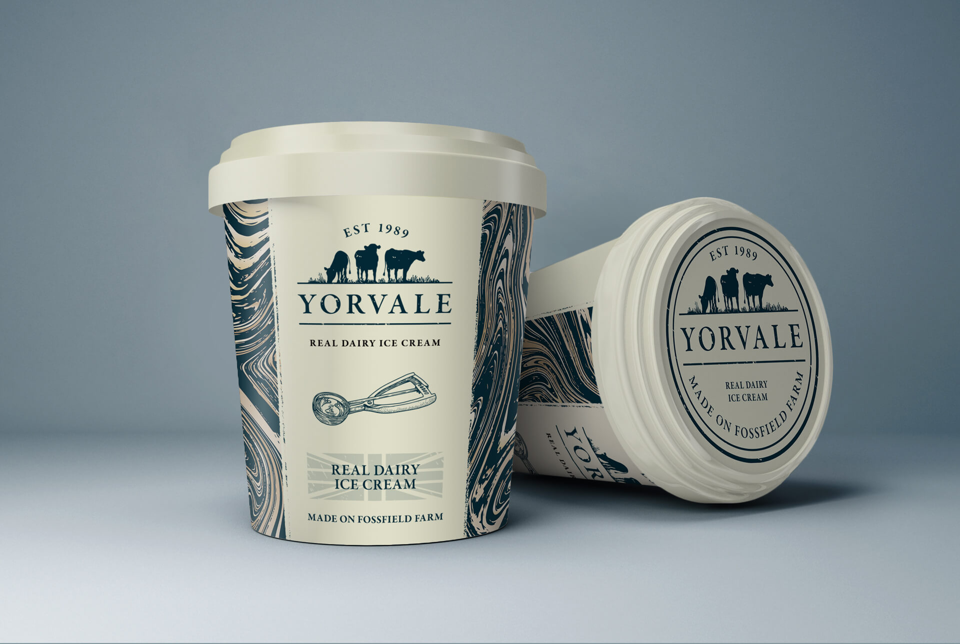Real dairy ice cream in the official Yorvale packaging with marbling design.