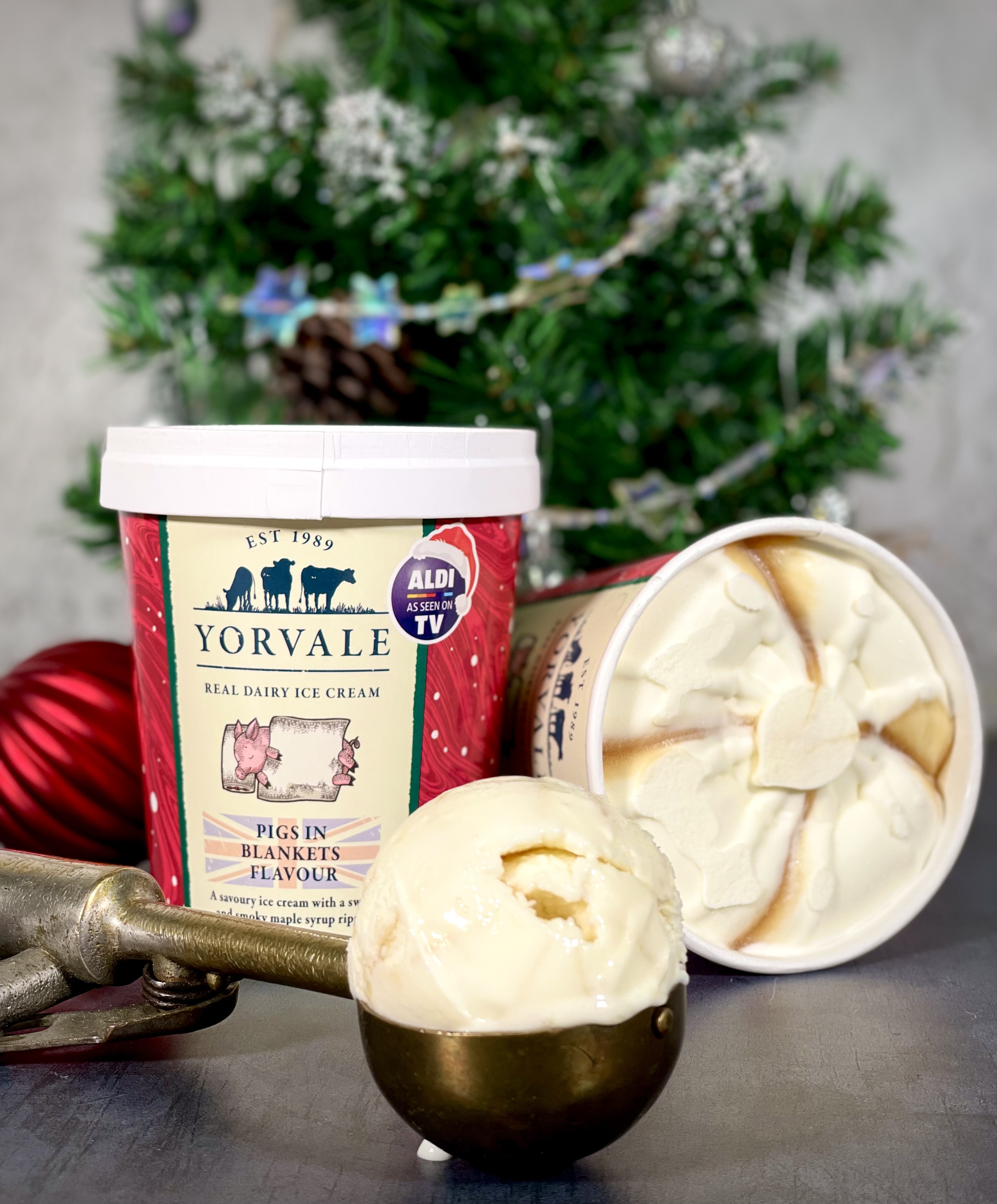 A close up of the Yorvale pigs in blankets ice cream thats hitting Aldi shelves this Christmas.